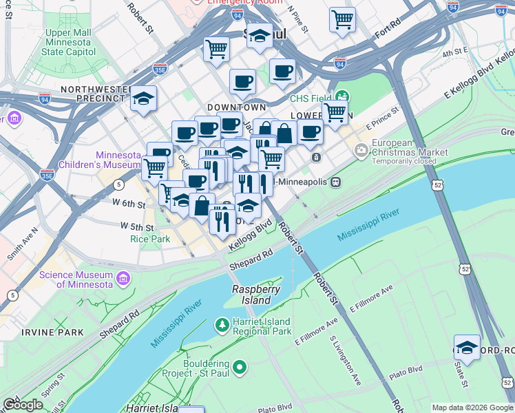 map of restaurants, bars, coffee shops, grocery stores, and more near in Saint Paul