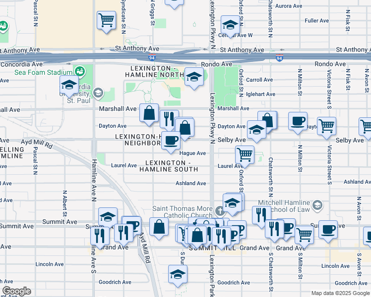 map of restaurants, bars, coffee shops, grocery stores, and more near in Saint Paul