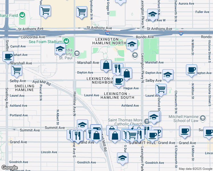 map of restaurants, bars, coffee shops, grocery stores, and more near 1217 Hague Avenue in Saint Paul