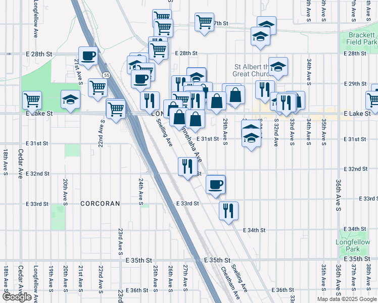 map of restaurants, bars, coffee shops, grocery stores, and more near 3117 Minnehaha Avenue in Minneapolis
