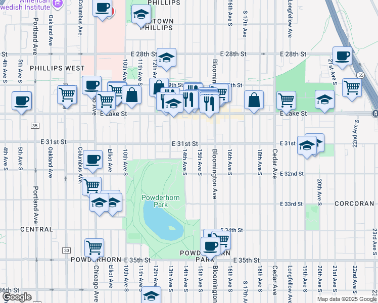 map of restaurants, bars, coffee shops, grocery stores, and more near 3117 14th Avenue South in Minneapolis