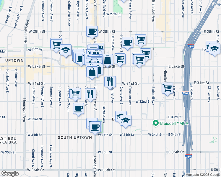map of restaurants, bars, coffee shops, grocery stores, and more near 3113 Garfield Avenue in Minneapolis
