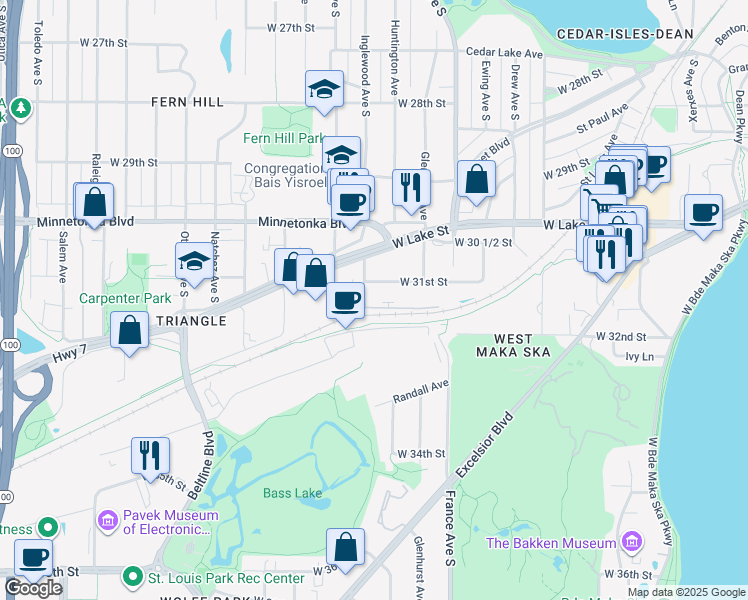 map of restaurants, bars, coffee shops, grocery stores, and more near 3106 Inglewood Avenue South in Minneapolis