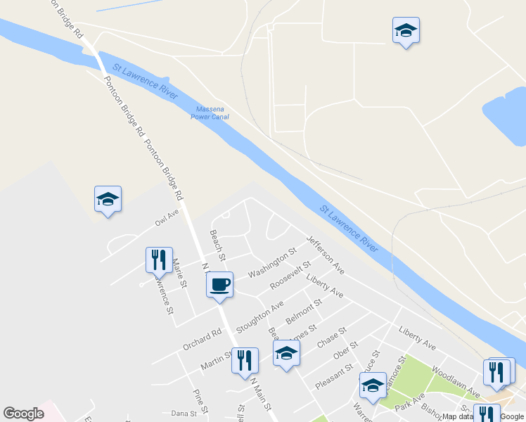 map of restaurants, bars, coffee shops, grocery stores, and more near 217 Jefferson Ave in Massena