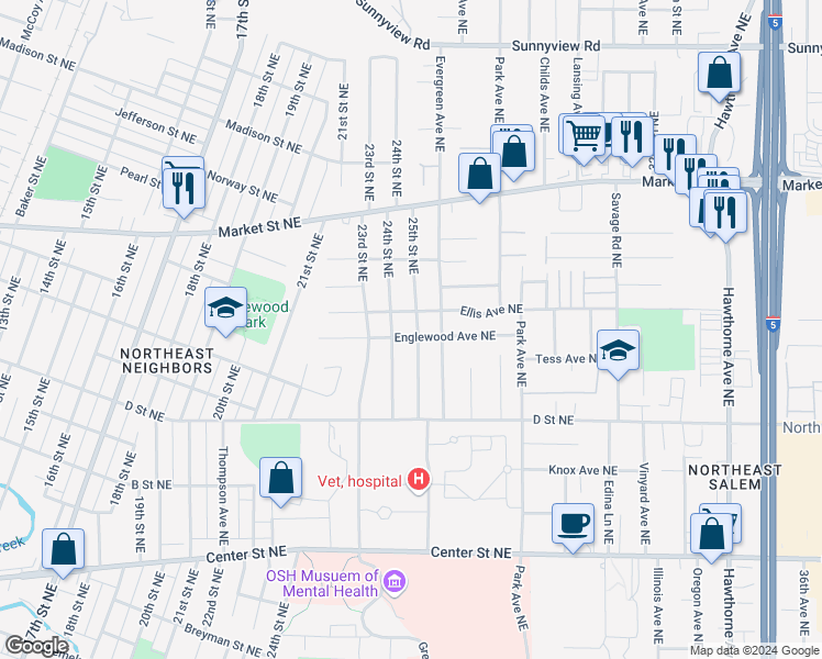 map of restaurants, bars, coffee shops, grocery stores, and more near 1305 25th Street Northeast in Salem