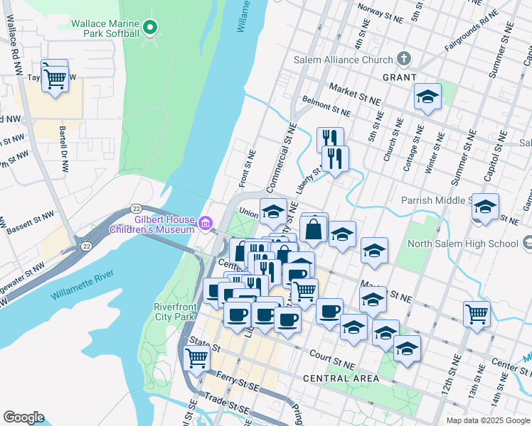 map of restaurants, bars, coffee shops, grocery stores, and more near 610 Commercial Street Northeast in Salem