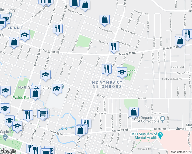 map of restaurants, bars, coffee shops, grocery stores, and more near 1640 Nebraska Avenue Northeast in Salem