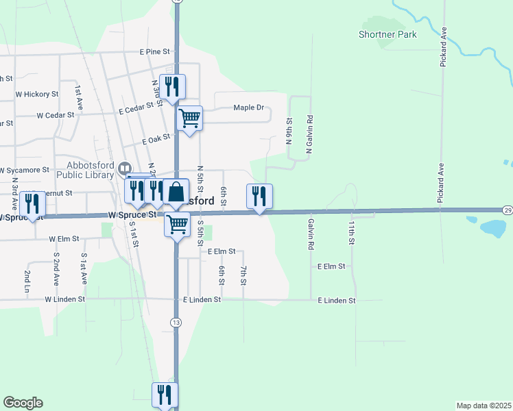 map of restaurants, bars, coffee shops, grocery stores, and more near 611 East Spruce Street in Abbotsford