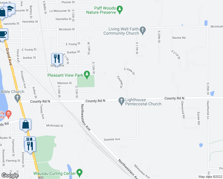 map of restaurants, bars, coffee shops, grocery stores, and more near 1555 Sumner Street in Wausau