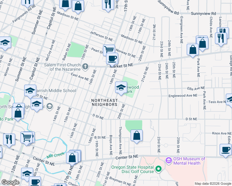 map of restaurants, bars, coffee shops, grocery stores, and more near 1157 19th Street Northeast in Salem