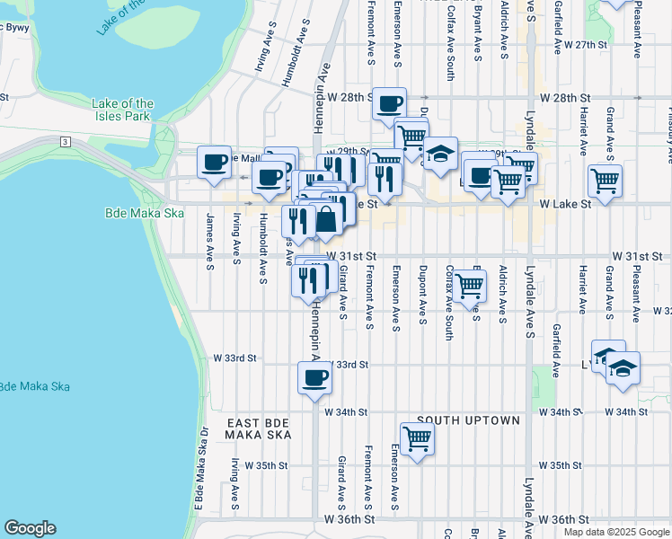 map of restaurants, bars, coffee shops, grocery stores, and more near 3108 Girard Avenue South in Minneapolis
