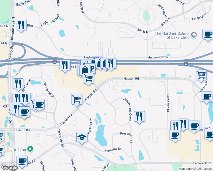 map of restaurants, bars, coffee shops, grocery stores, and more near 9207 Troon Court in Woodbury