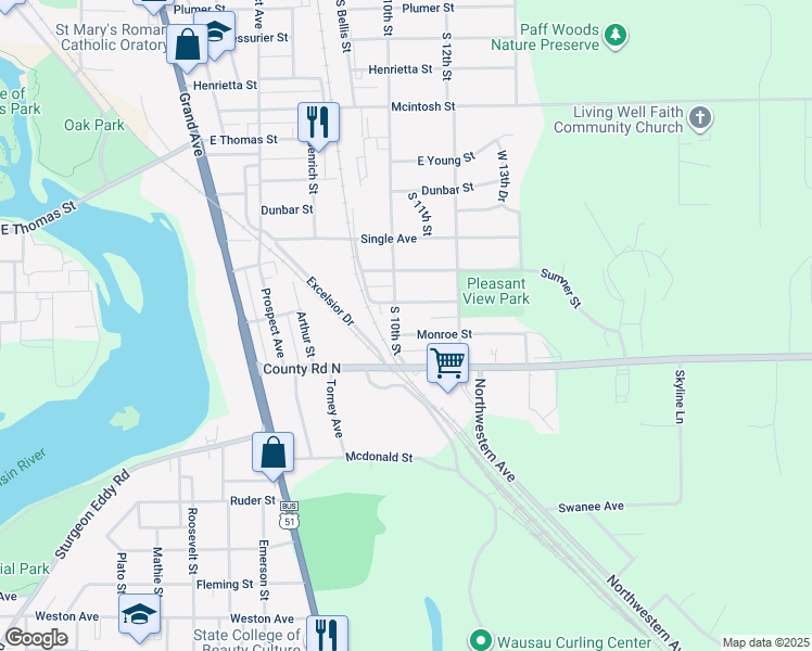 map of restaurants, bars, coffee shops, grocery stores, and more near in Wausau