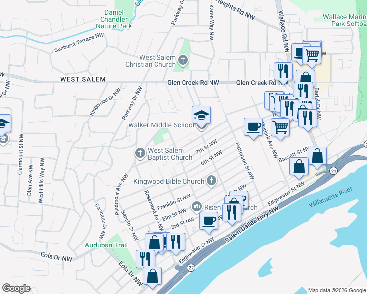 map of restaurants, bars, coffee shops, grocery stores, and more near 8th Street Northwest in Salem