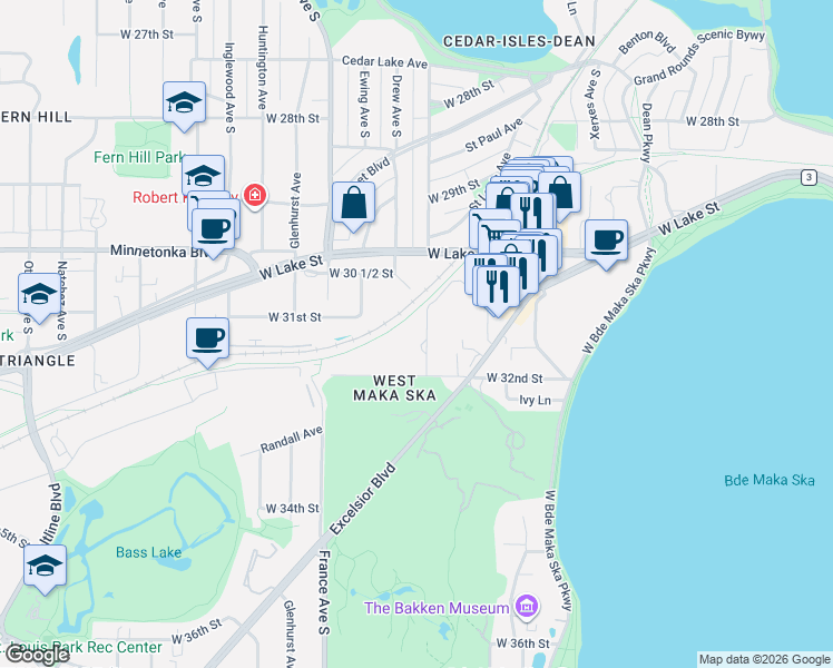 map of restaurants, bars, coffee shops, grocery stores, and more near 3140 Chowen Avenue South in Minneapolis