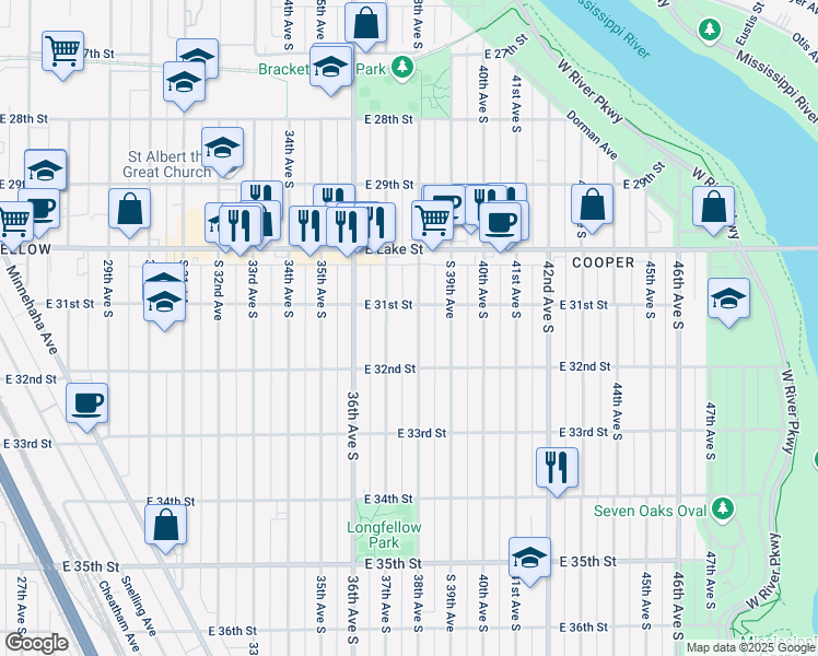 map of restaurants, bars, coffee shops, grocery stores, and more near 3125 38th Avenue South in Minneapolis