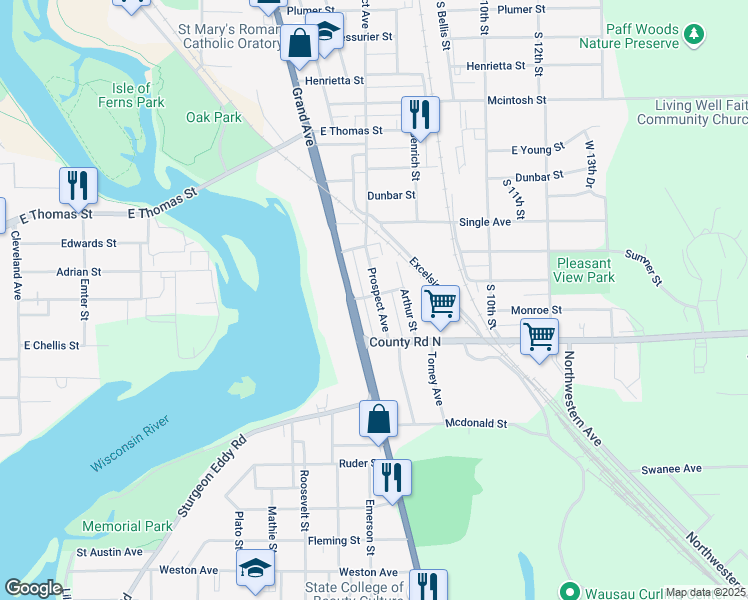 map of restaurants, bars, coffee shops, grocery stores, and more near 1205 Grand Avenue in Wausau