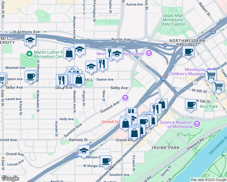 map of restaurants, bars, coffee shops, grocery stores, and more near 263 Maiden Lane in Saint Paul