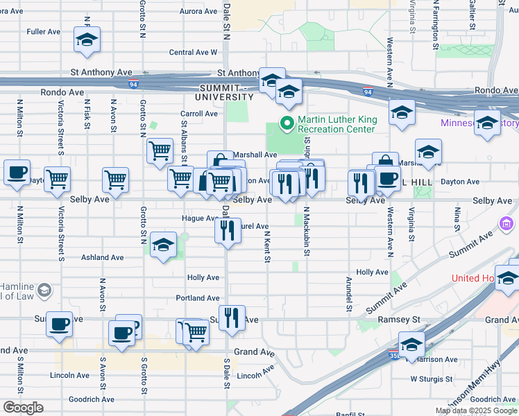 map of restaurants, bars, coffee shops, grocery stores, and more near 574 Selby Avenue in Saint Paul