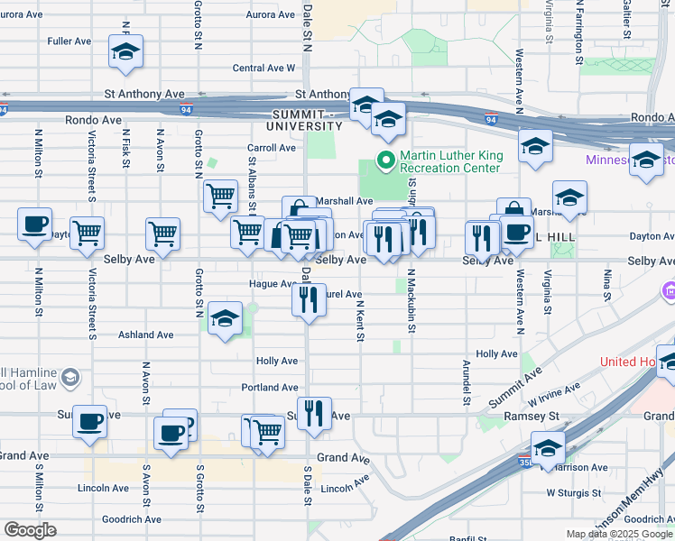 map of restaurants, bars, coffee shops, grocery stores, and more near 574 Selby Avenue in Saint Paul