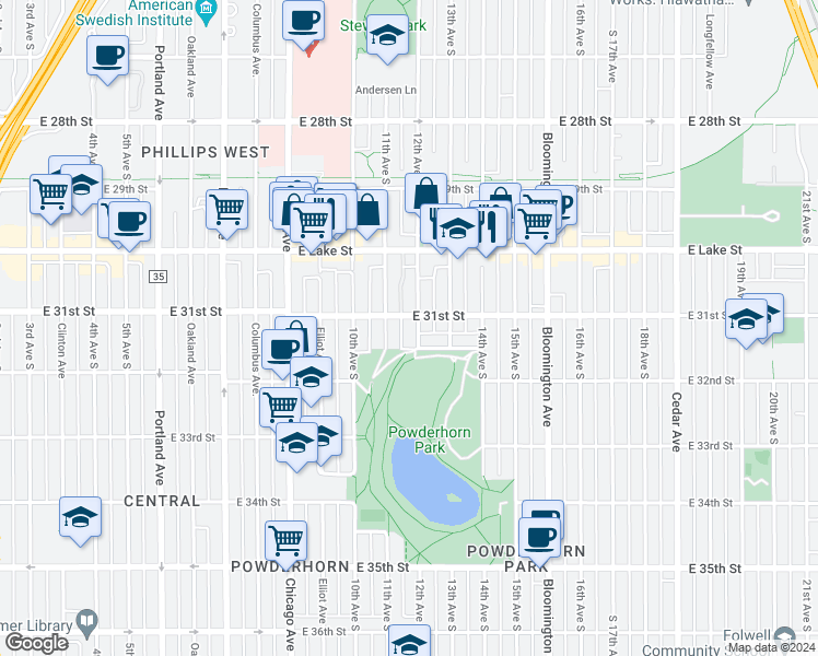 map of restaurants, bars, coffee shops, grocery stores, and more near 3116 12th Avenue South in Minneapolis