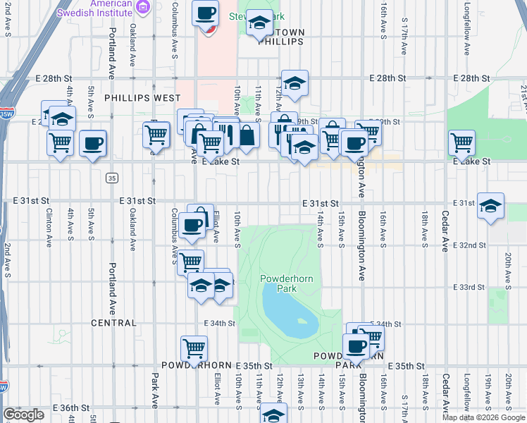 map of restaurants, bars, coffee shops, grocery stores, and more near 3116 12th Avenue South in Minneapolis