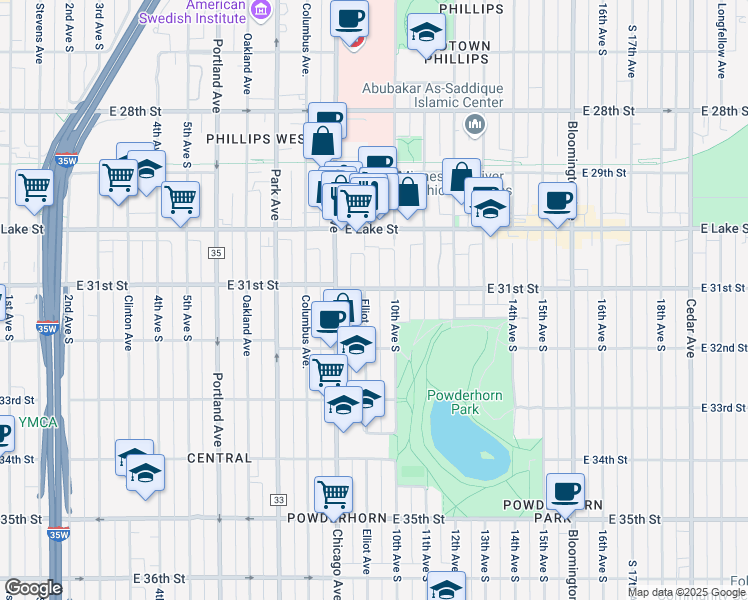 map of restaurants, bars, coffee shops, grocery stores, and more near 3115 Elliot Avenue in Minneapolis