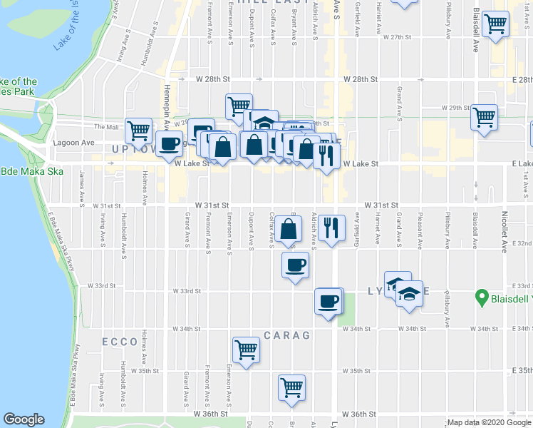 map of restaurants, bars, coffee shops, grocery stores, and more near 3112 Colfax Avenue South in Minneapolis