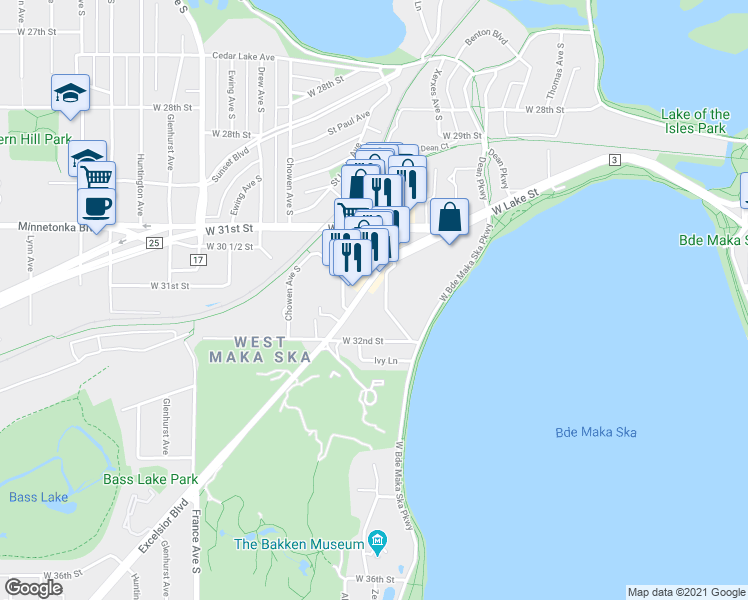 map of restaurants, bars, coffee shops, grocery stores, and more near in Minneapolis