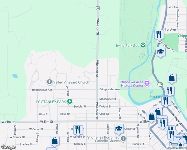 map of restaurants, bars, coffee shops, grocery stores, and more near 1614 Wheaton Street in Chippewa Falls
