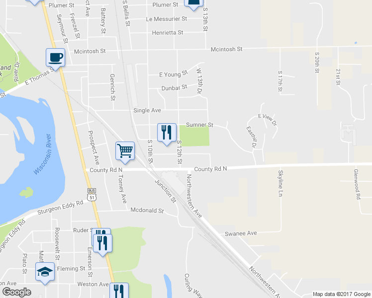 map of restaurants, bars, coffee shops, grocery stores, and more near 1210 Monroe Street in Wausau