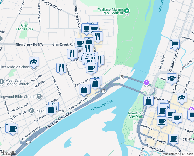 map of restaurants, bars, coffee shops, grocery stores, and more near 450 Wallace Road Northwest in Salem