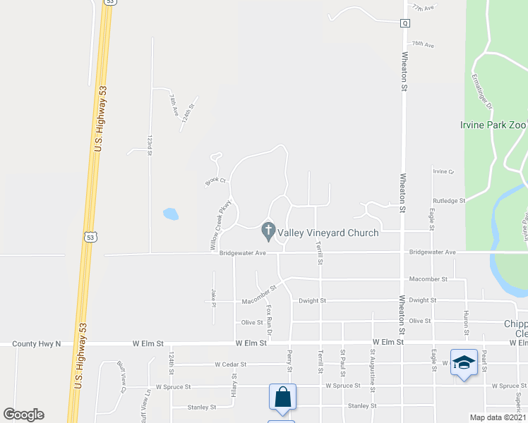 map of restaurants, bars, coffee shops, grocery stores, and more near 1640 Timber Trail in Chippewa Falls