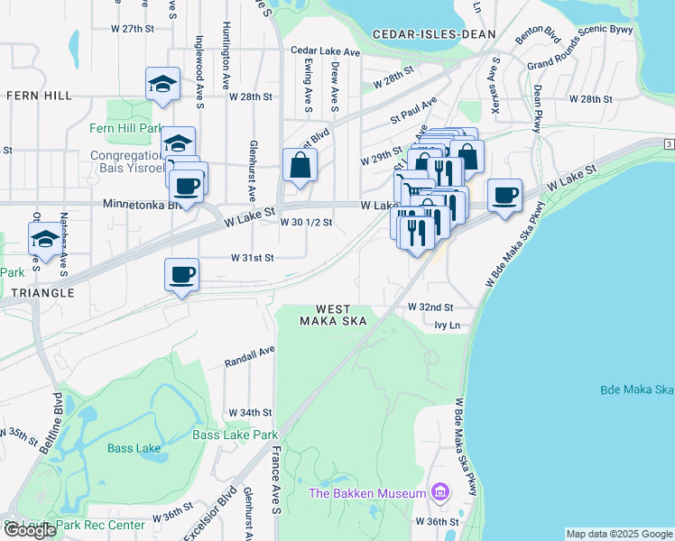 map of restaurants, bars, coffee shops, grocery stores, and more near 3144 Chowen Avenue South in Minneapolis