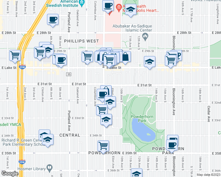map of restaurants, bars, coffee shops, grocery stores, and more near 3108 Elliot Avenue in Minneapolis