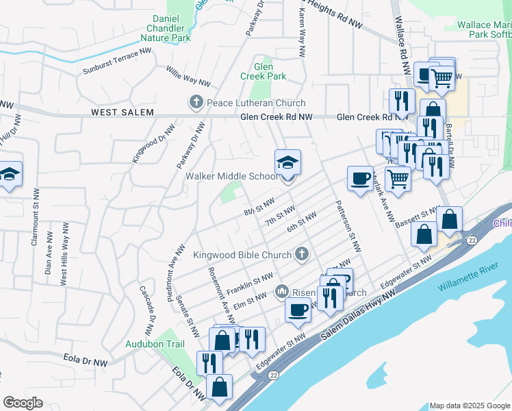 map of restaurants, bars, coffee shops, grocery stores, and more near 1191 8th Street Northwest in Salem