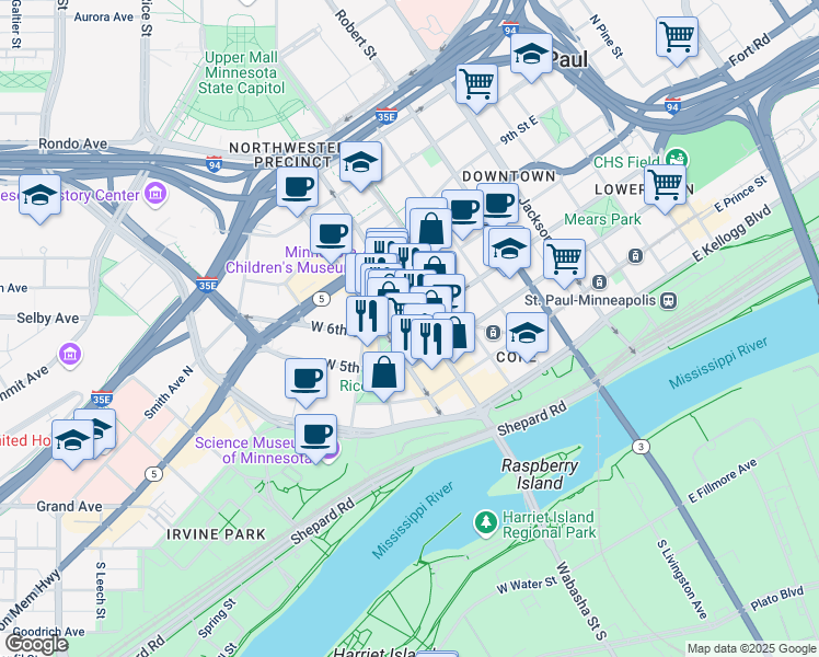 map of restaurants, bars, coffee shops, grocery stores, and more near 10 West 6th Street in Saint Paul