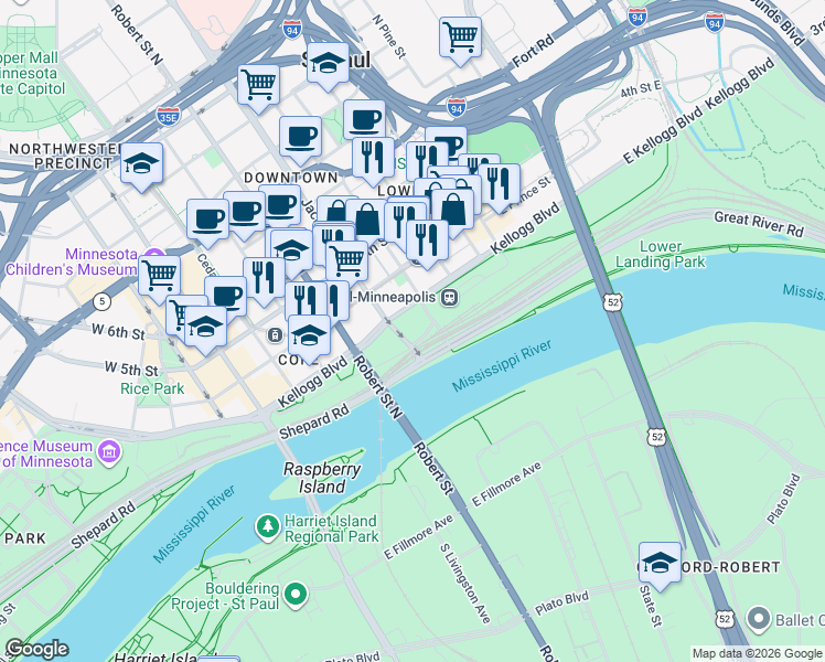 map of restaurants, bars, coffee shops, grocery stores, and more near 180 East Kellogg Boulevard in Saint Paul
