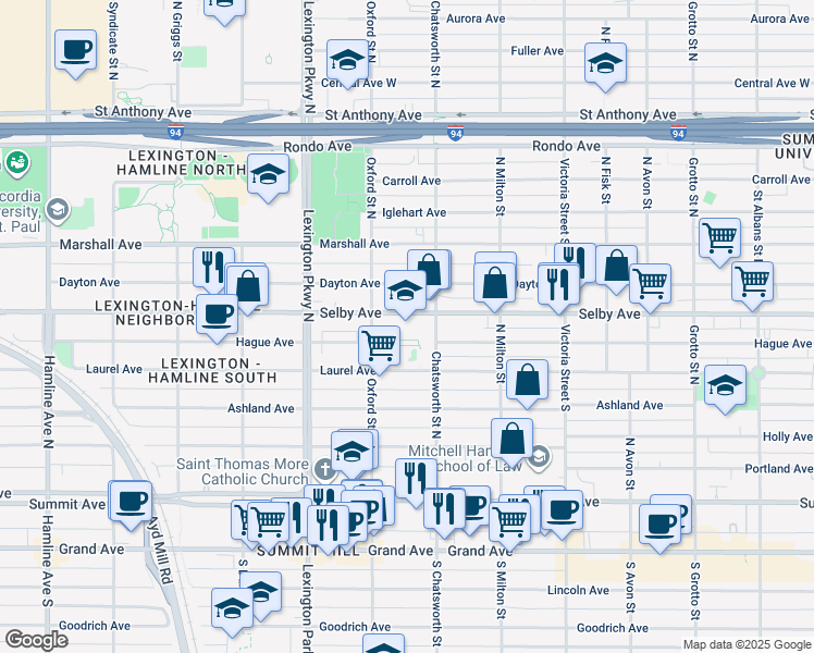 map of restaurants, bars, coffee shops, grocery stores, and more near 998 Selby Avenue in Saint Paul