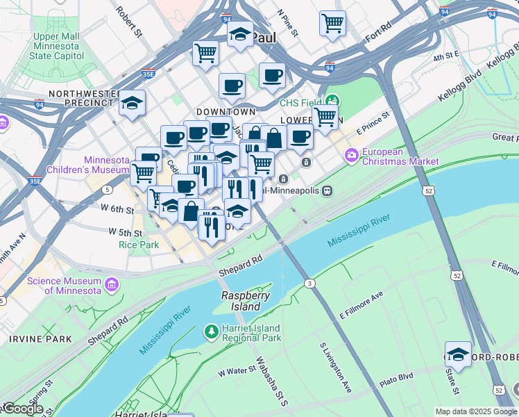 map of restaurants, bars, coffee shops, grocery stores, and more near 316 Robert Street North in Saint Paul