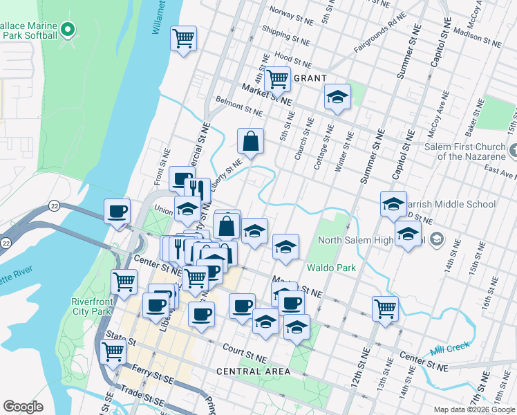 map of restaurants, bars, coffee shops, grocery stores, and more near 747 Church Street Northeast in Salem
