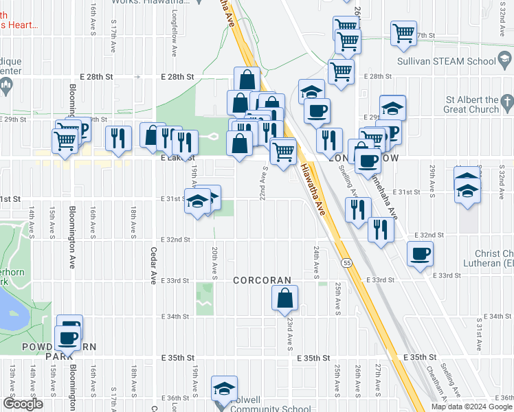 map of restaurants, bars, coffee shops, grocery stores, and more near 3106 22nd Avenue South in Minneapolis