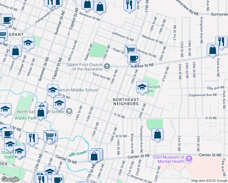 map of restaurants, bars, coffee shops, grocery stores, and more near Nebraska Avenue Northeast in Salem