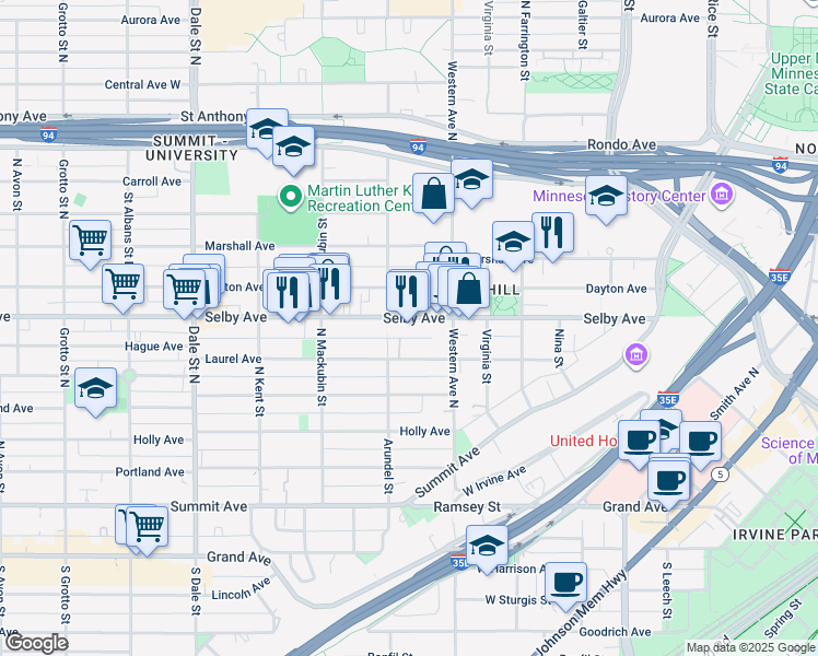 map of restaurants, bars, coffee shops, grocery stores, and more near 400 Selby Ave in St Paul