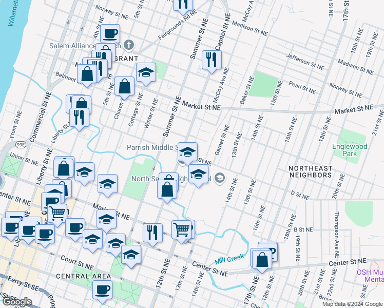 map of restaurants, bars, coffee shops, grocery stores, and more near 1147 D Street Northeast in Salem