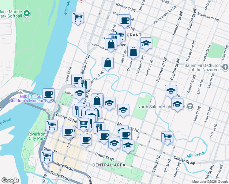map of restaurants, bars, coffee shops, grocery stores, and more near 755 Church Street Northeast in Salem