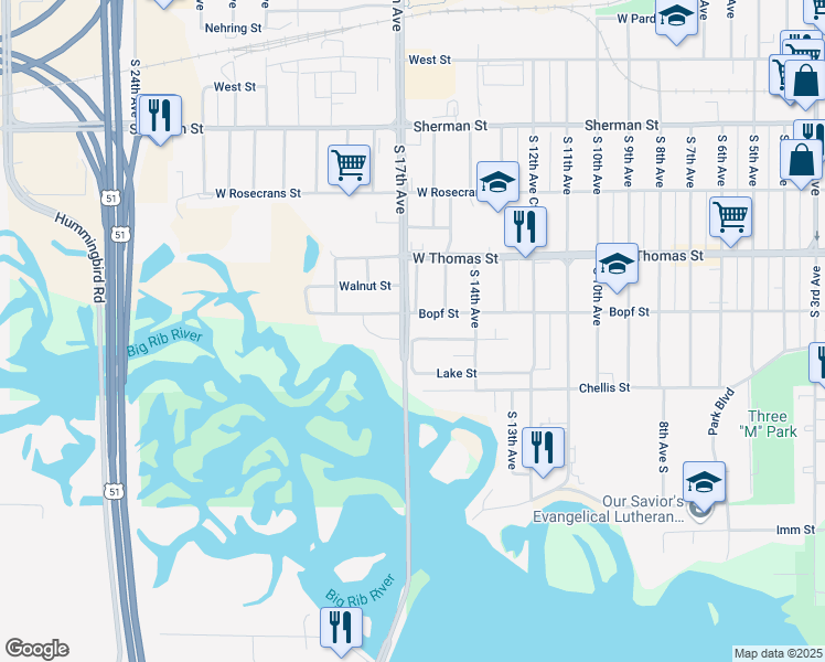 map of restaurants, bars, coffee shops, grocery stores, and more near 1446 Madison Street in Wausau