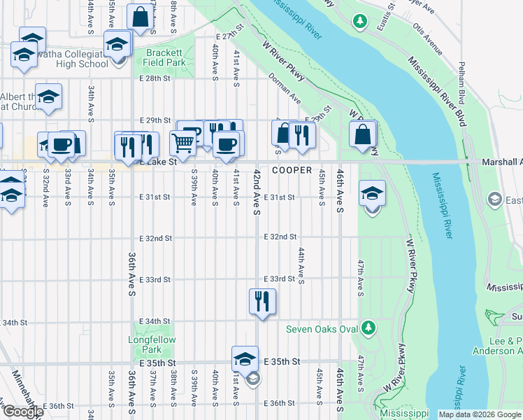 map of restaurants, bars, coffee shops, grocery stores, and more near 3124 42nd Avenue South in Minneapolis