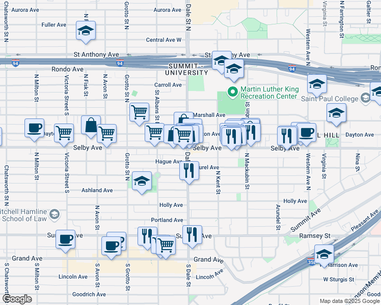 map of restaurants, bars, coffee shops, grocery stores, and more near in Saint Paul