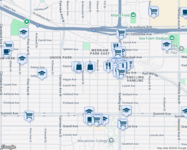 map of restaurants, bars, coffee shops, grocery stores, and more near 1669 Hague Avenue in Saint Paul
